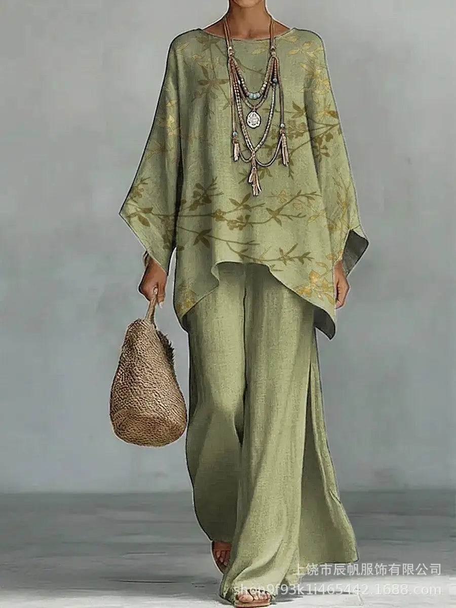 Bohemian Foreign Style Printed Women's Two-piece Set Spring Fashion O-neck Loose Top+wide Leg Pants Suit Ladies Office Outfit