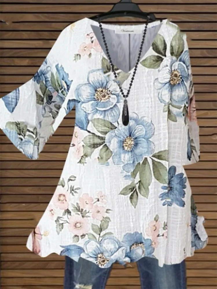 Summer V-Neck Flower Printed Short Sleeve Top Women's Classic Elegant Temperament Commuter T-Shirt