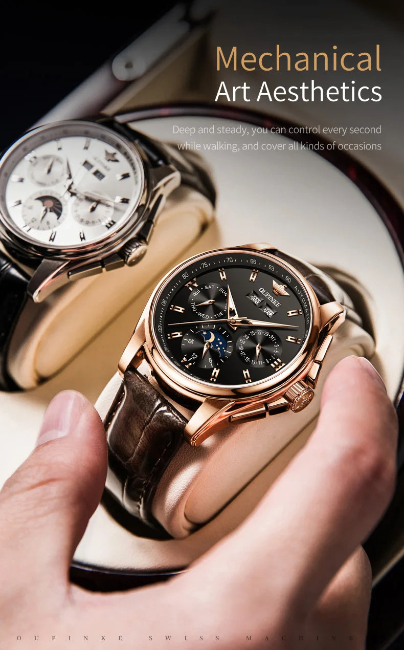OUPINKE 3189 Automatic Watch for Men Genuine Leather Strap Waterproof Moon Phase Man Watches Luxury Men's Mechanical Wristwatch