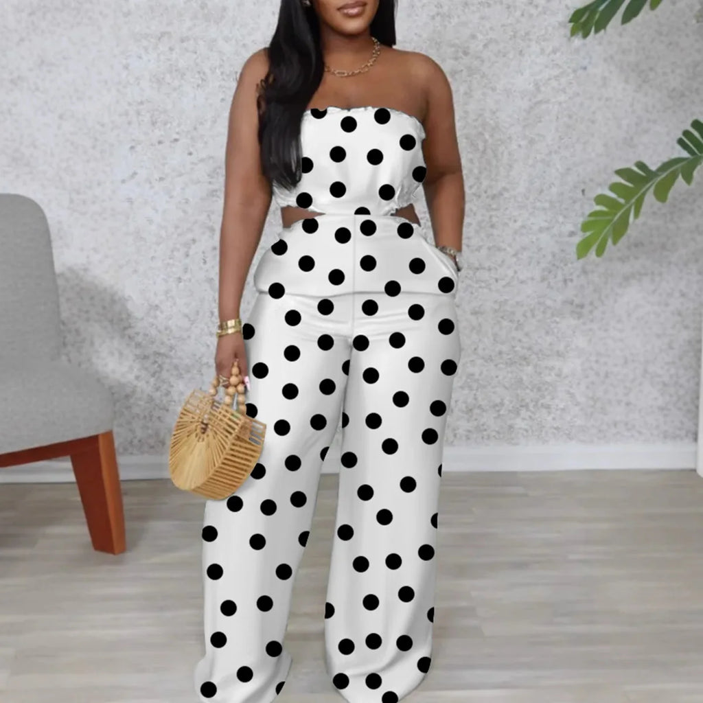 2025 Elegant Sleeveless Hollow Out Casual Style Women Tube Top with Wide-leg Jumpsuit Long Pants