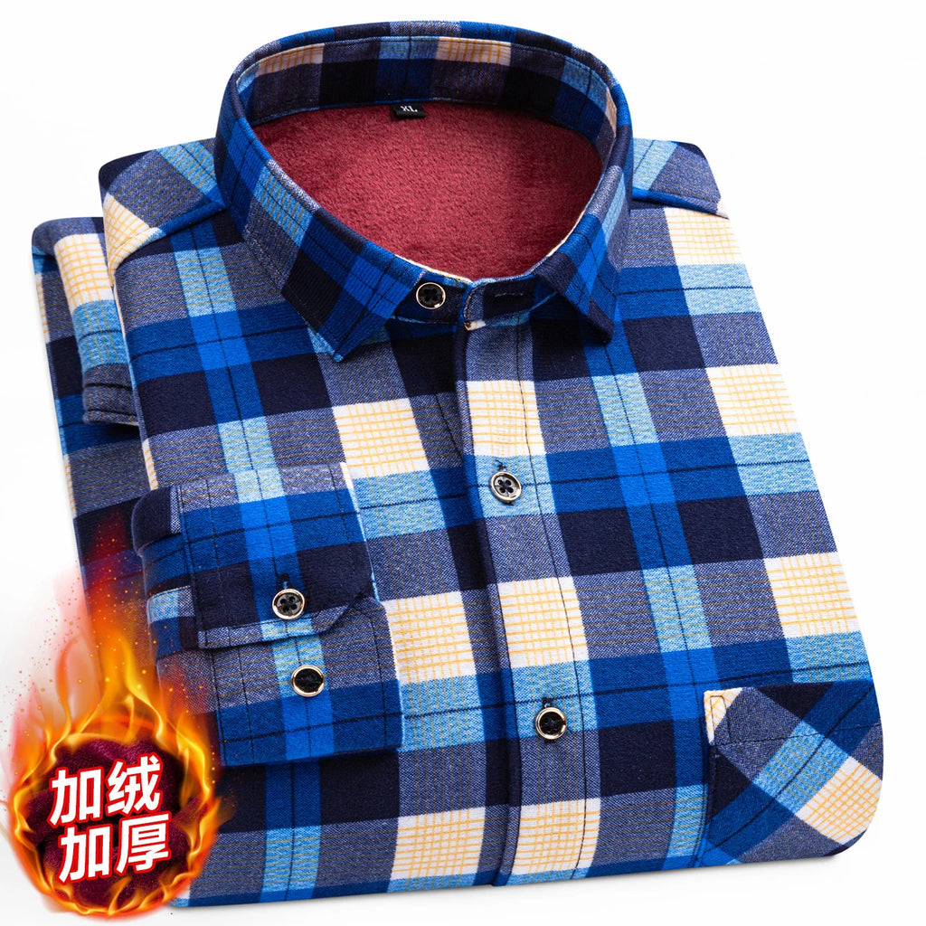 2025 Autumn Winter Men's Fashion Plaid Striped Print Shirts Double-sided Fleece Long Sleeve Thick Warm Shirts Soft Big Size 7XL