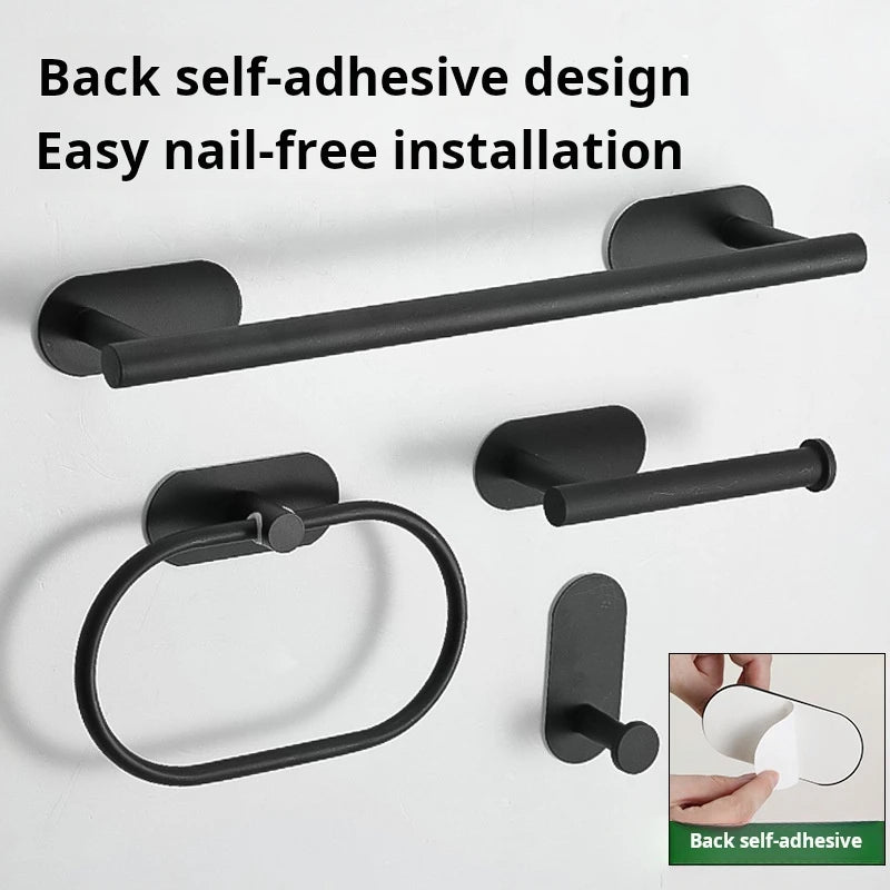 4pcs Bathroom Punch-free Towel Bar Set Stainless Steel Bathroom Hardware Wall-mounted Towel Rack Hook Tissue Holder