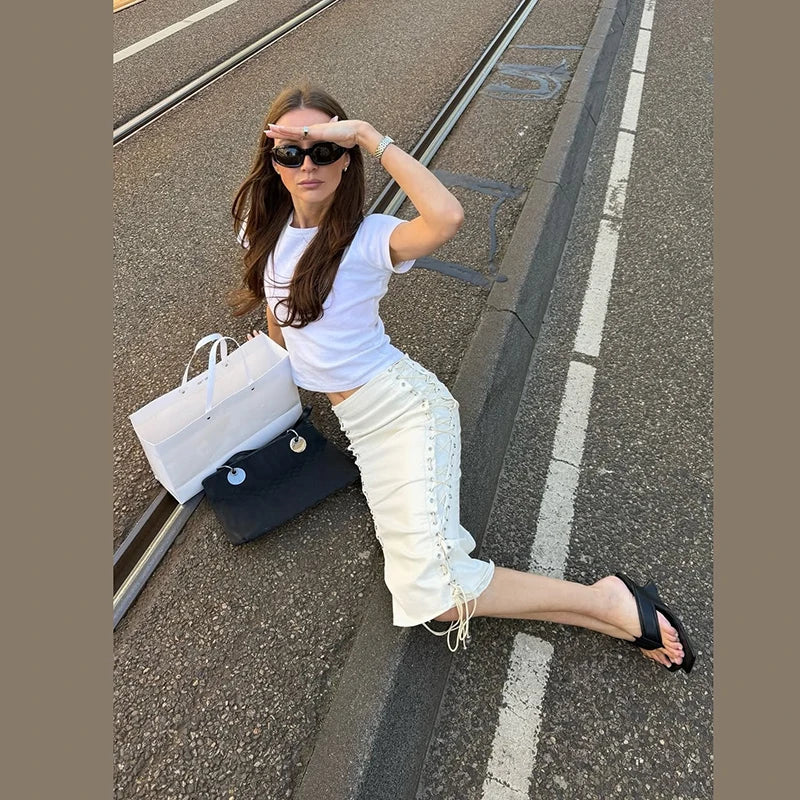 Women Double Side Lace Up Midi Skirt Metal Eyelet Crisscross Tie Bodycon Pencil Skirt Slim High Waist Streetwear Mid Calf Skirt
