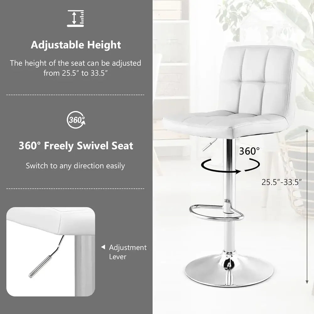 Set of 2 Adjustable Swivel Bar Stools with Backrest and Footrest, White Leatherette, Suitable for Kitchen Island or Home Bar