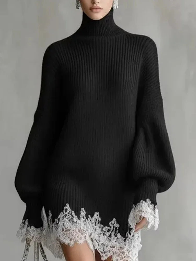 Women's Black Knitted Turtleneck Sweater Dress Lace Splice Mini Dress Fashion Spring Autumn Vintage Casual Retro Loose Dress