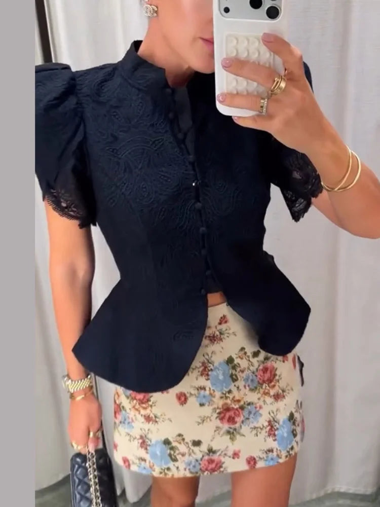 Lace Cutout Peplum Jacket Stand Collar Puff Sleeve Button Front Waist Cinched 2026 Summer Autumn Fashion Women Elegant Top