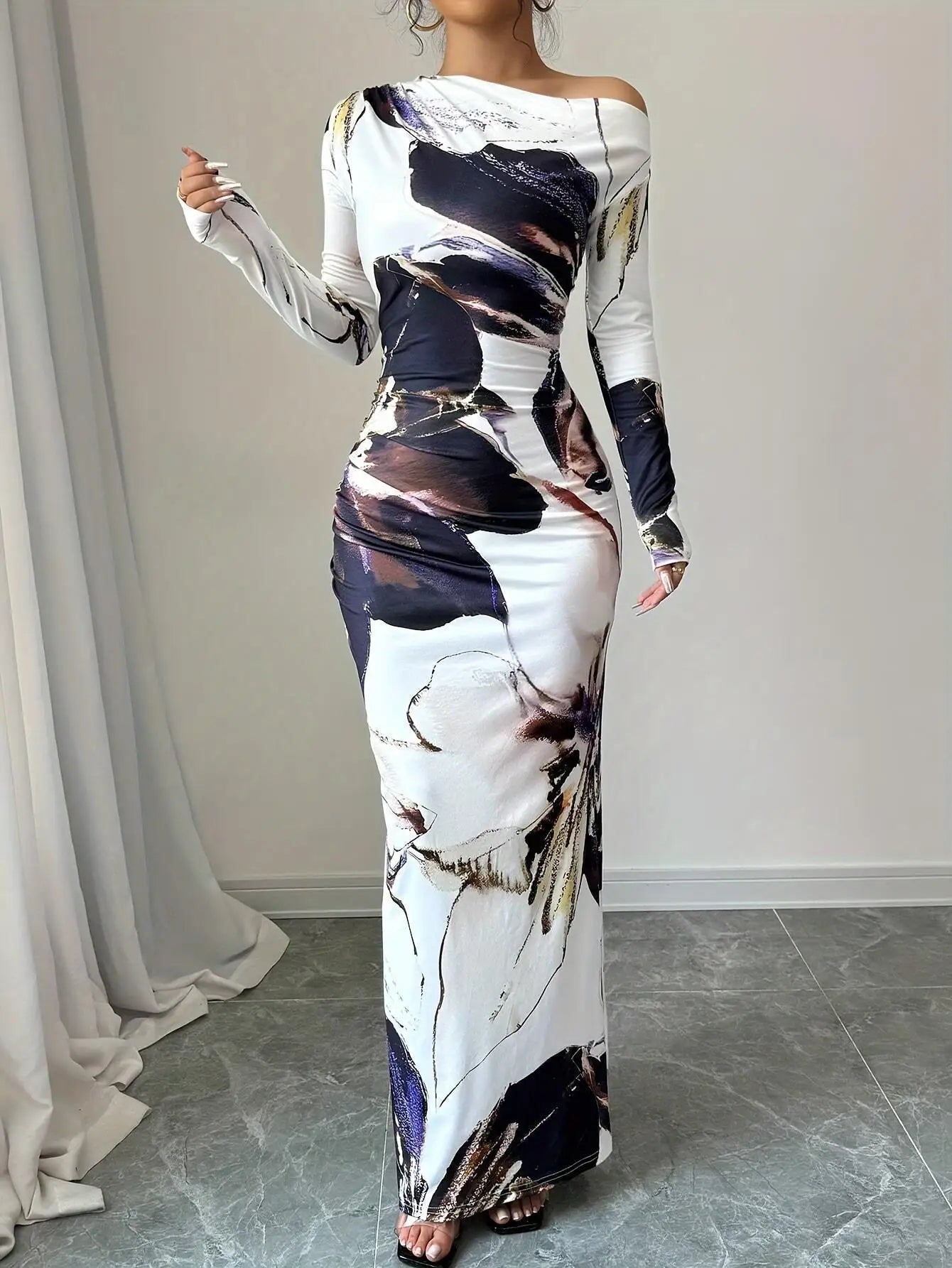 European and American 2025 Autumn New Printed Long Skirt Temperament Slim Long Sleeve Dress