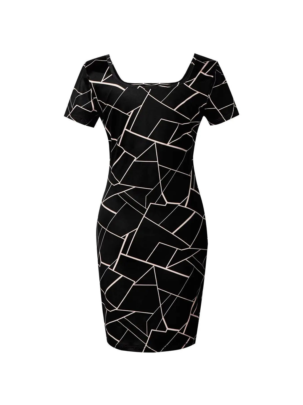 Women Dress Square Neck Short Sleeve Geometric Print Bodycon Mini Dress Sleek Spring Summer Chic Party Club Night Out Flattering