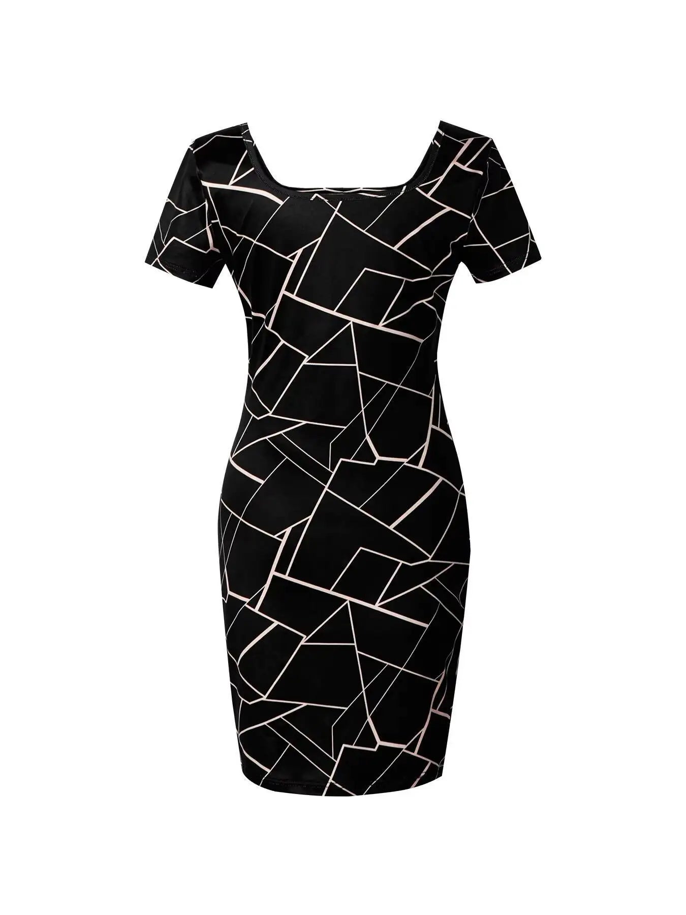 Women Dress Square Neck Short Sleeve Geometric Print Bodycon Mini Dress Sleek Spring Summer Chic Party Club Night Out Flattering