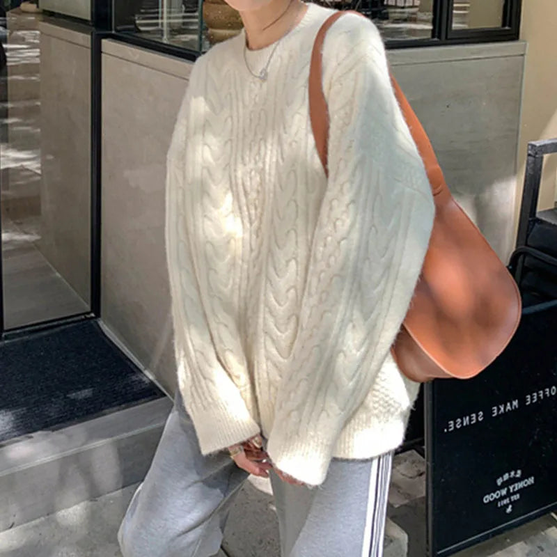 Autumn Winter Thicken Warm Pullover Sweater Women Vintage Loose Twist Knitted Jumper Woman All-Match O-Neck Long Sleeve Pullover