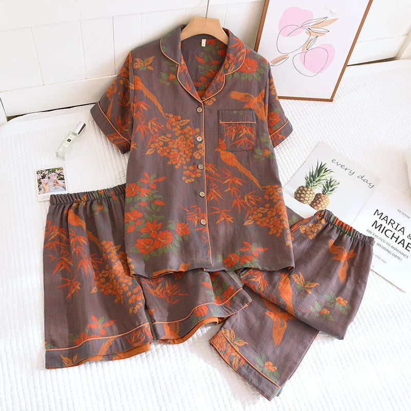 Short Sleeve Sleepwear Women's Pajamas Set Gauze Cotton Pyjamas Summer New 3 Pieces Floral Home Wear Nightwear For Woman