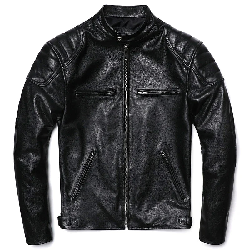 Classical Motorcycle Genuine  Leather Jacket Men's Natural Cowhide Slim Moto Cloth Calf Skin Jackets Asia Size S-6XL