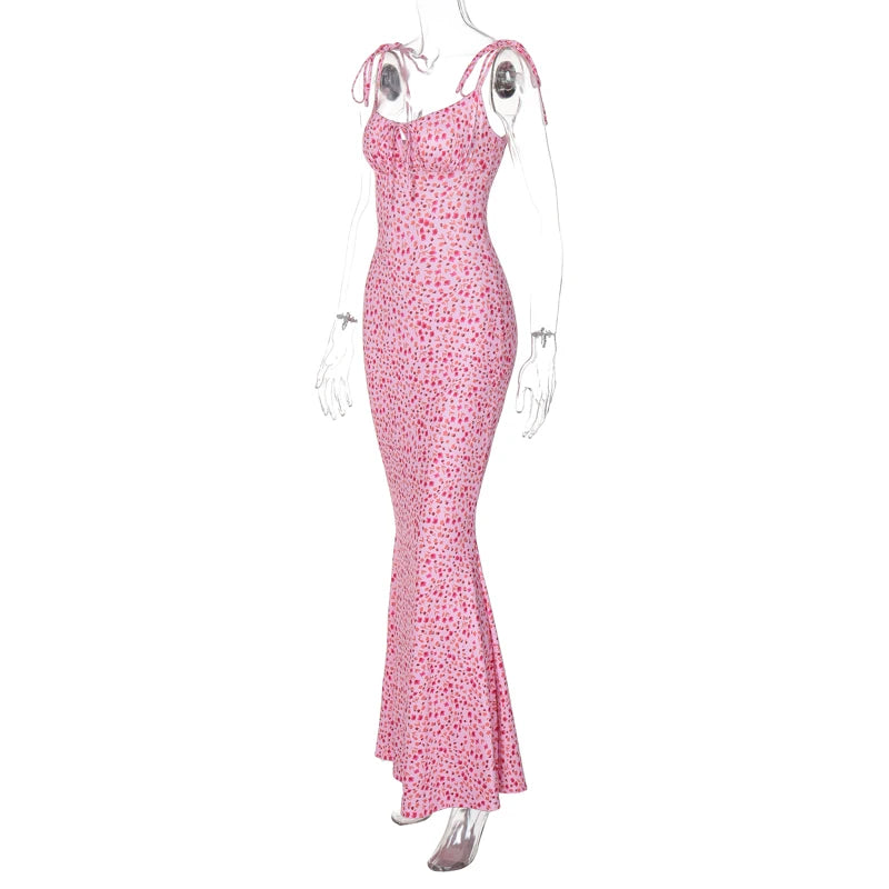 Hugcitar Floral Print Sleeveless Backless Slips Lace Up Maxi Dress Sexy Bodycon Summer Elegant Outfits Holiday Party Wholesale