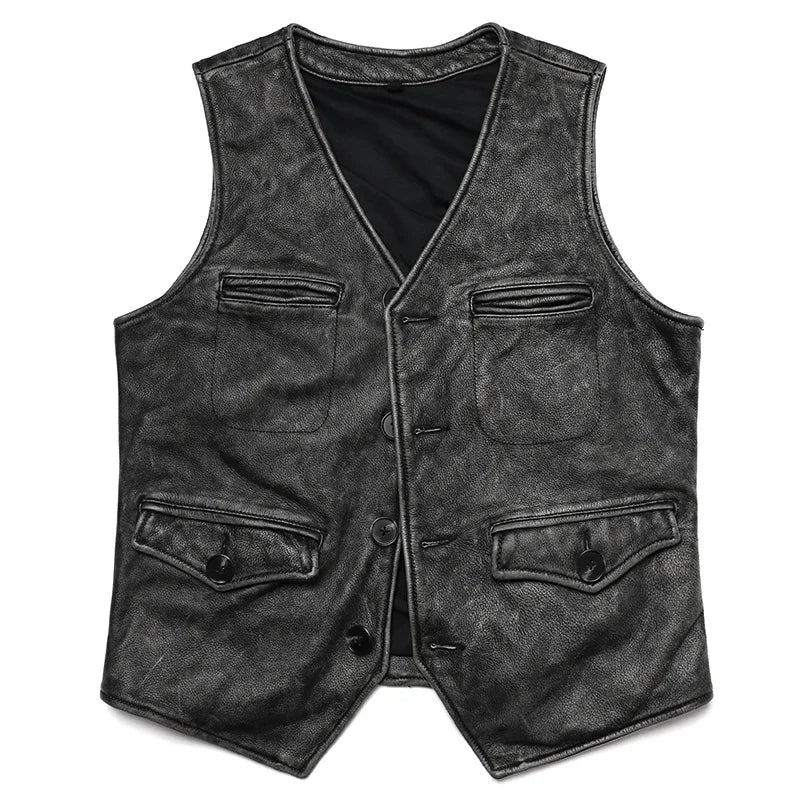 New Gery Vintage Genuine Leather Vest Man Natural Cowhide Work Clothes Men's Safari Style Slim Sleeveless Jacket
