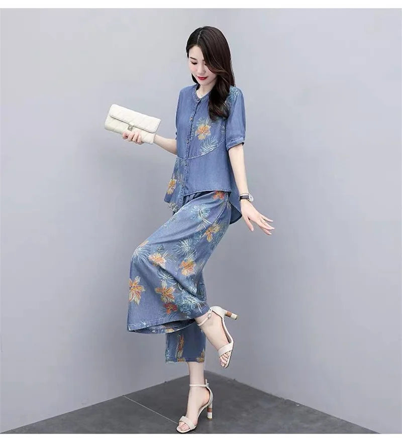 Ethnic Style Denim Wide Leg Pants Sets For Women Spring Summer NEW Embroidery Cowboy Jacket +Jeans Pants Suits Female Outfits