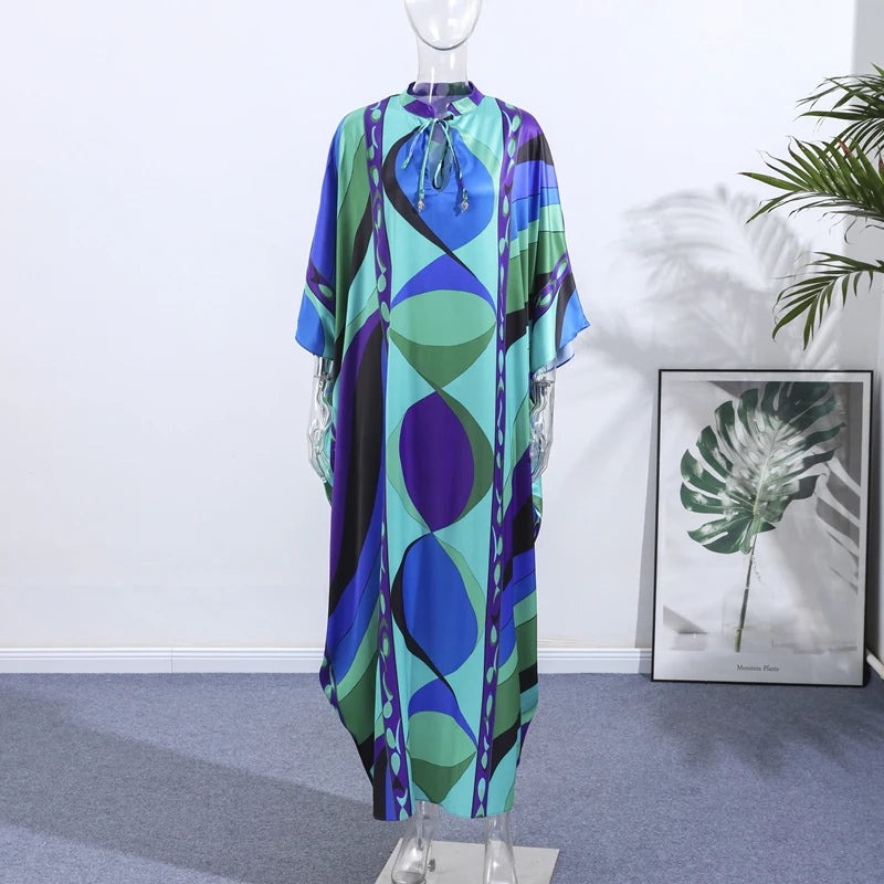 Casual Vacation Long Puff Sleeve V-neck Beach Dresses Fashion Printed Oversize Maxi Dress Women Lady Summer Bohemia Party Robes