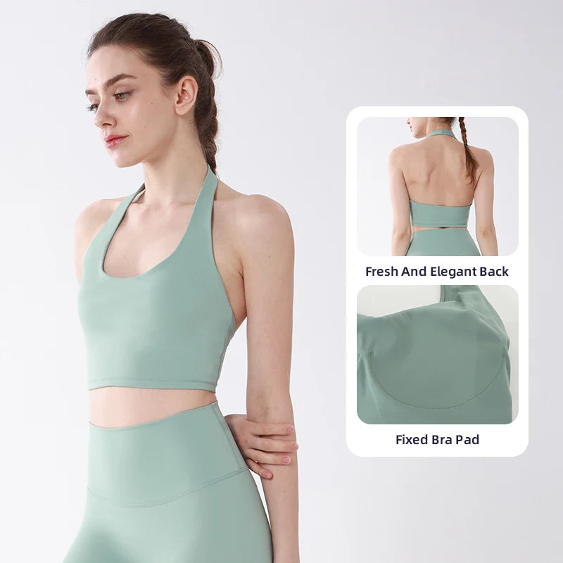 Sports Top Women Sexy Hanging Neck Yoga Bra High Intensity Shockproof Fixed Chest Pad Running Fitness Outdoor Leisure Yoga Vest