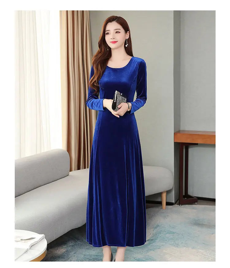 Elegant Long Velvet Dress Women's Autumn Winter New Style Knee-Length A-Line Skirt Polyester Fabric Regular Sleeve round Neck