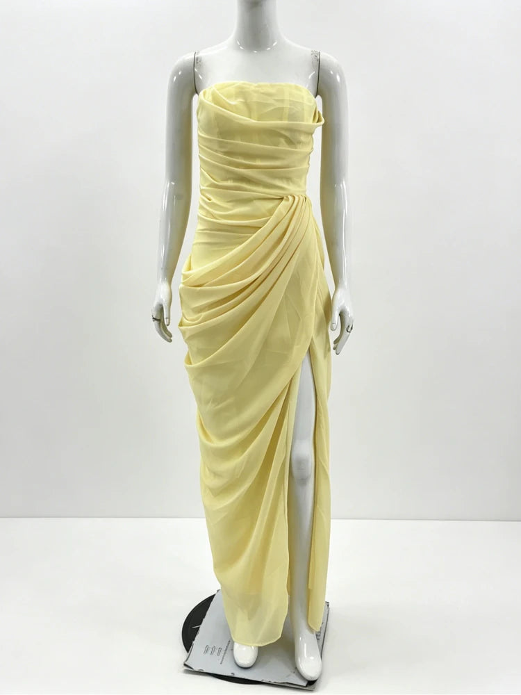 Elegant Backless Long Skirt Solid Color Simple High-Grade Waist Side-Opening Design Sexy Dinner Dress Celebrity Style