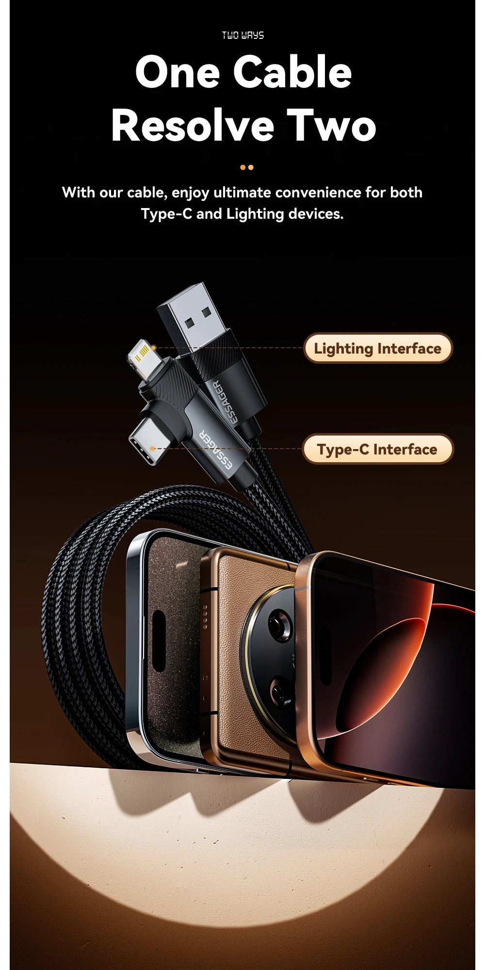 Essager PD 2 in 1 USB A Cable 90 Degree Angle Type C/Lightning Fast Charging Cable For iPhone 16 15 14Pro Max iPad Xiaomi Huawei