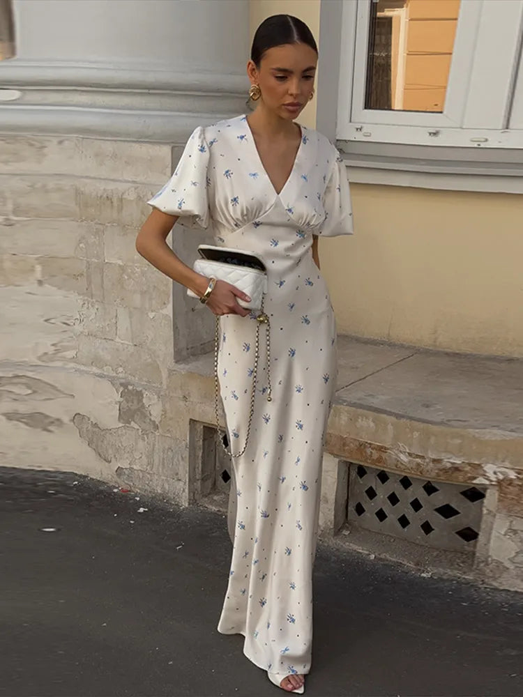 Casual Print Long Slim Dress Women Short Puff Sleeve Closed Waist V-neck Dresses Female 2026 Summer Autumn Lady Robes Chic