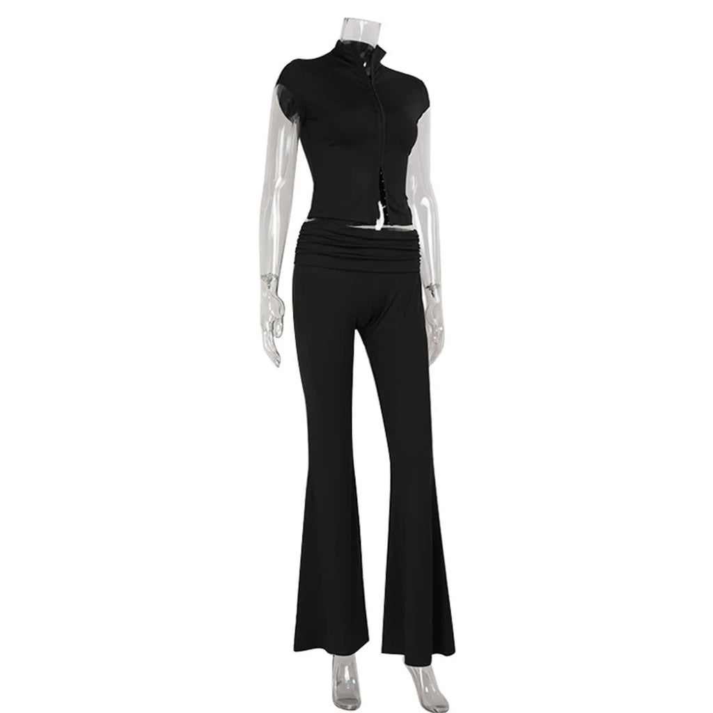 Women Fashion Sexy Short Sleeves Suit Casual Sheath Hollow Out 2 Pieces (Tops+Long Pant) Matching Sets Female Street Tracksuit