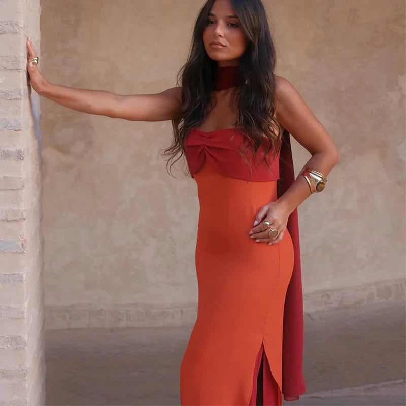 2026 Summer Elegant Maxi Slip Dress Twist Front Spaghetti Strap Slit Bohemian Wedding Guest Cocktail Party Vacation Women Gown