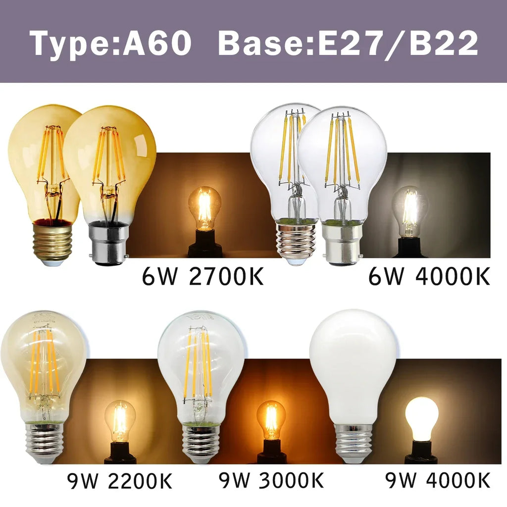 2PCS LED Filament Bulb E14 E27 C35 C35T ST64 G80 A60 220V 4W 9W Warm White Glass 360 Degree Edison Retro Candle Light Blubs
