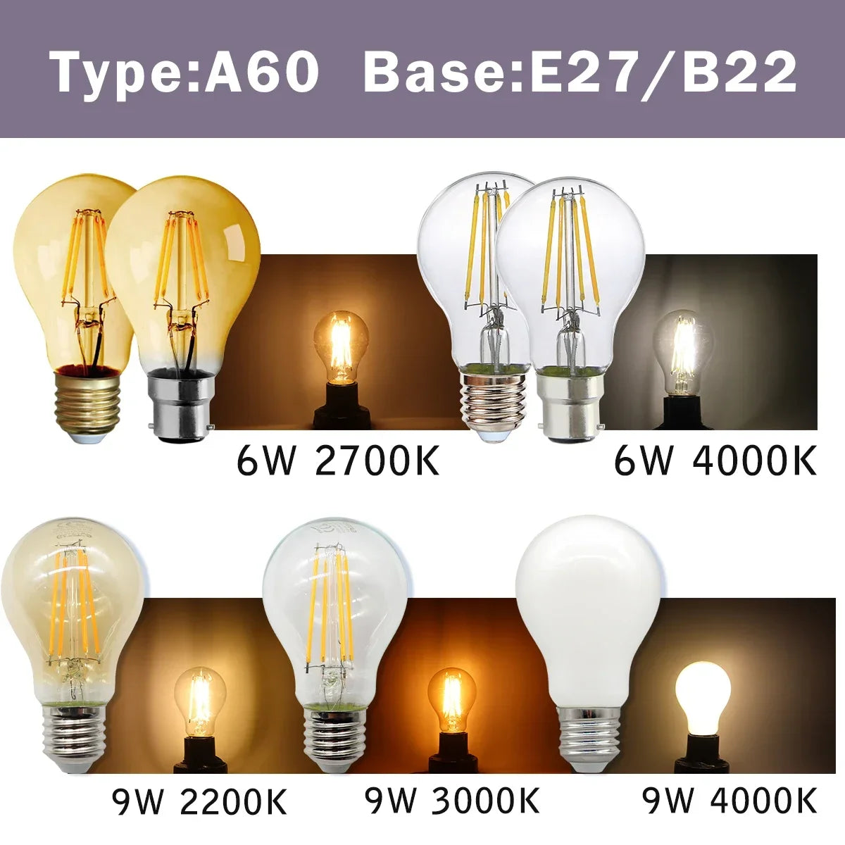 2PCS LED Filament Bulb E14 E27 C35 C35T ST64 G80 A60 220V 4W 9W Warm White Glass 360 Degree Edison Retro Candle Light Blubs