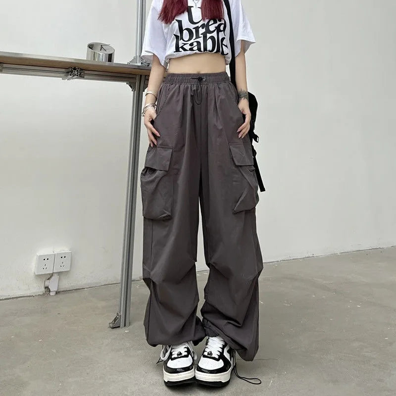 Women Streetwear Cargo Pants Elastic Waist Multi Pocket Loose Wide Leg Vintage Drawstring Casual Trousers