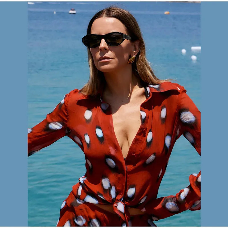 Beach Vacation Printed Shirt Pant Set Women Red See Through Lapel Full Sleeve Button Shirts Pants Suit 2026 Summer Casual Outfit