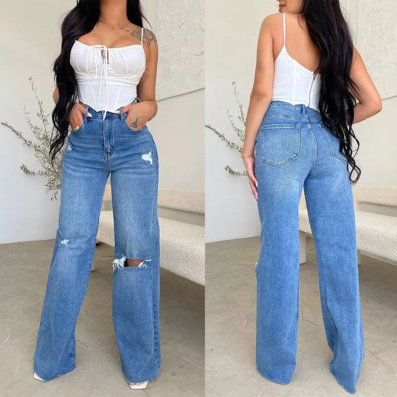 Baggy Jeans Women Flared Denim Pants High Waist Wide Leg Distressed Denim Jeans Light Wash Ripped Frayed Hem Jeans Pants