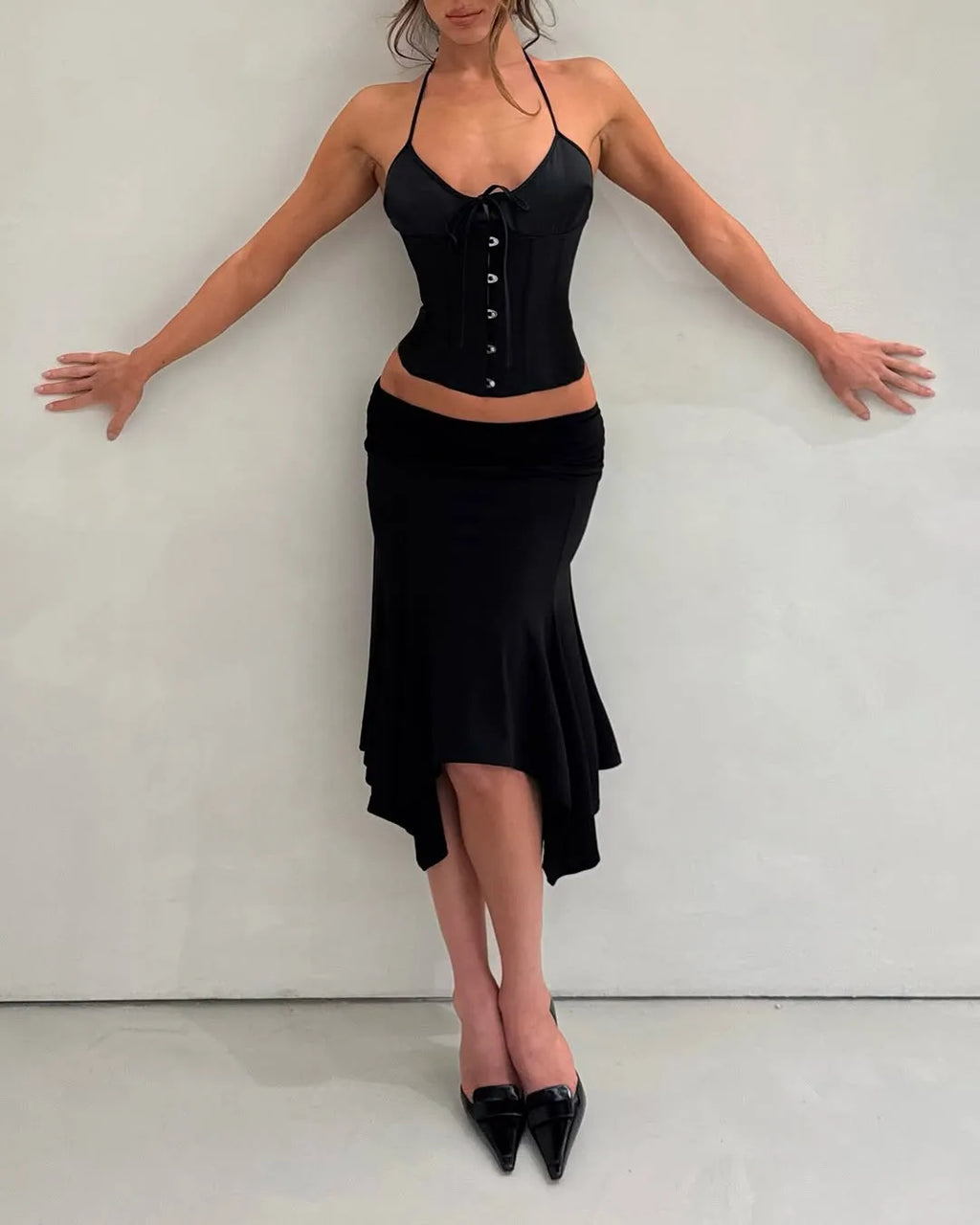 Guz Fishbone Corsat Satin Tie Waist Suspender Top Adjustable Back Strap
