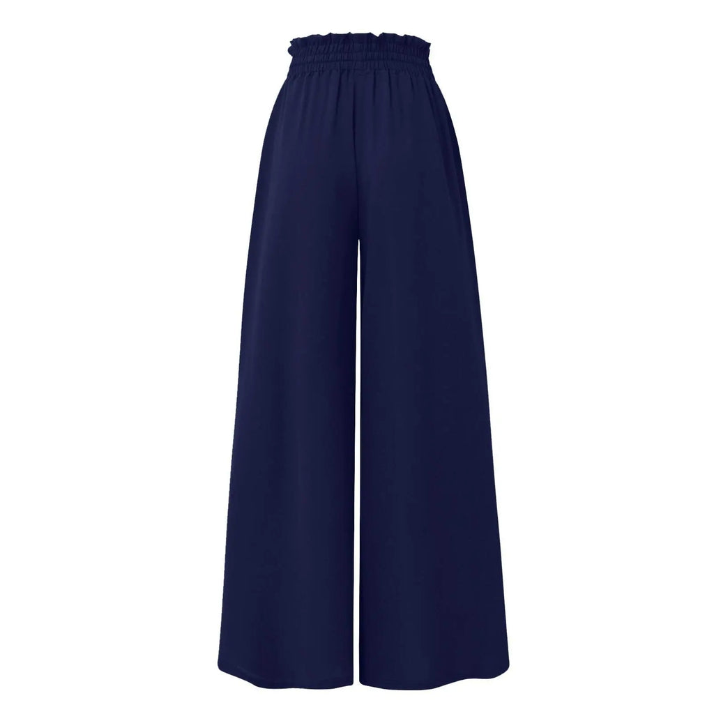 Women Casual Elastic Waist Wide Leg Pants Summer Elegant Drawstring Loose Straight Trouser Elegant Solid Pants Vacation Beach