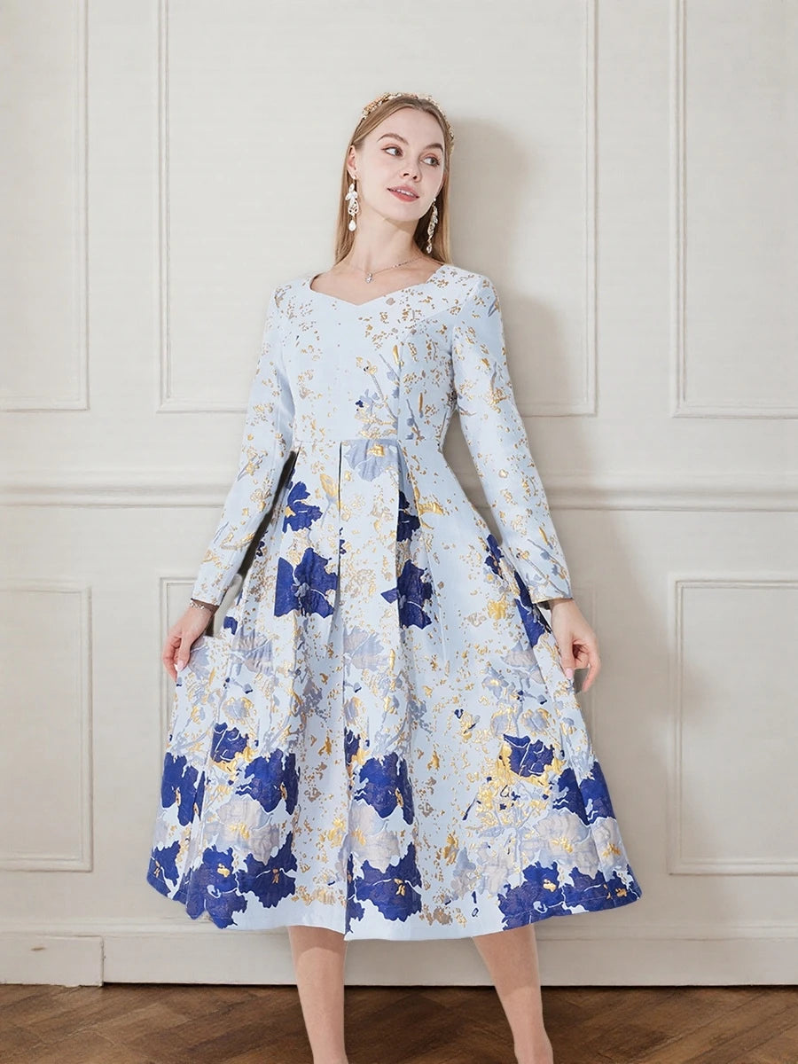 DEVCHATA Women's Luxury Fall Winter Long Maxi Dresses New Jacquard Party Fashion Long Sleeve Dress Lady Evening Clothing