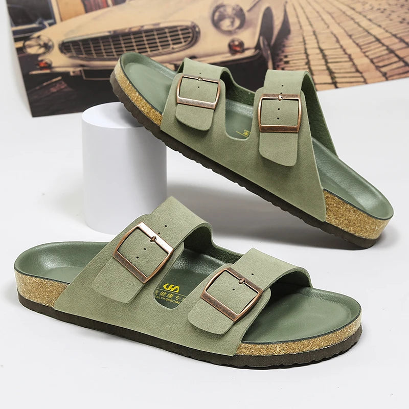 Summer Men Women Cork Slippers Clogs Microfiber Leather Slides Casual Slip On Sandal Double Buckle