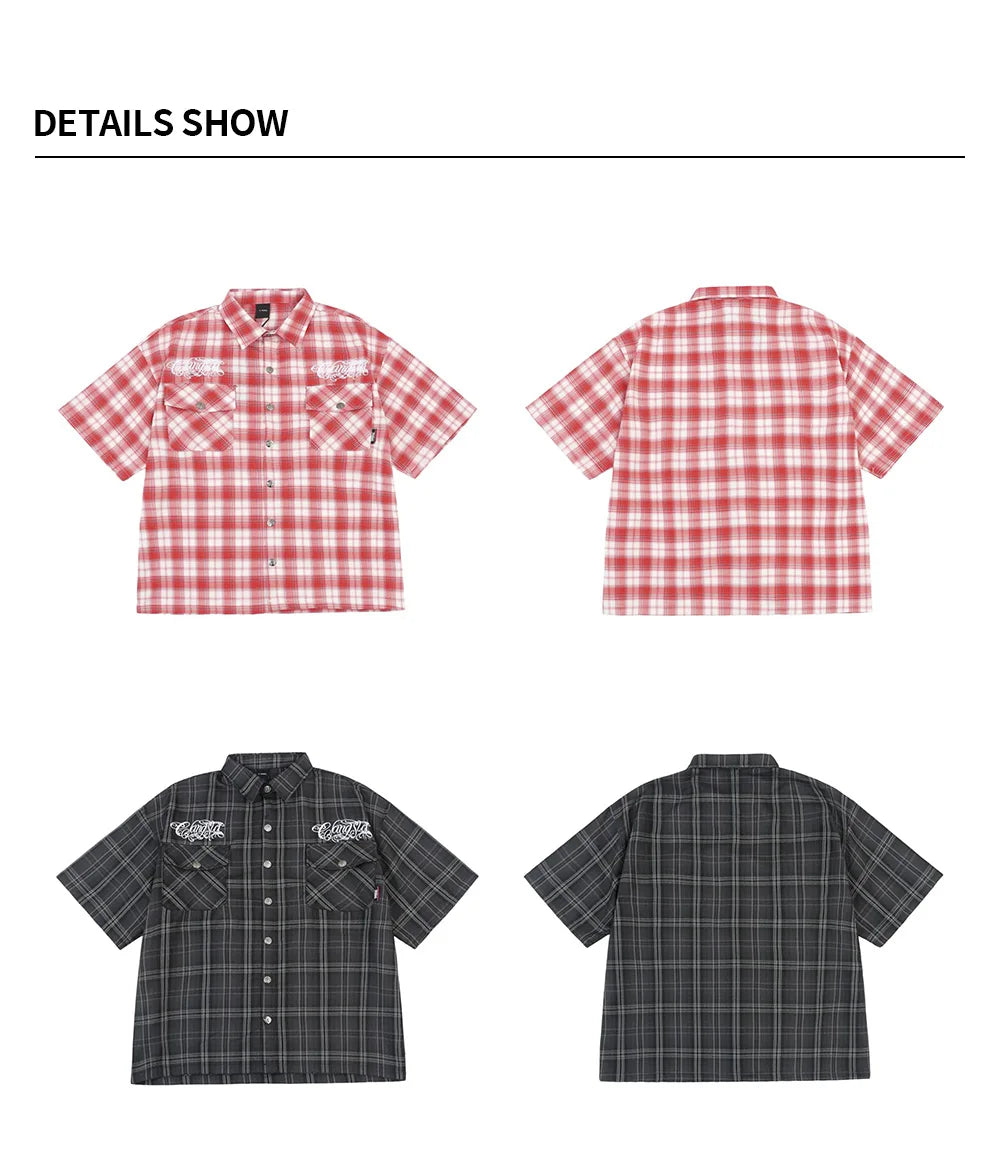 Chicano Safari Short Sleeve Shirt Mens Summer Streetwear Casual Loose Letter Embroidery Lapel Plaid Shirt Man