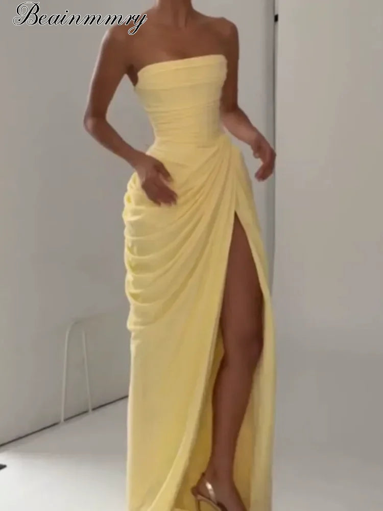 Sexy Women Solid Pleated Strapless Chic Dress Lady V-neck Off-shoulder Backless High Waist Split Vestido 2026 Evening Party Gown