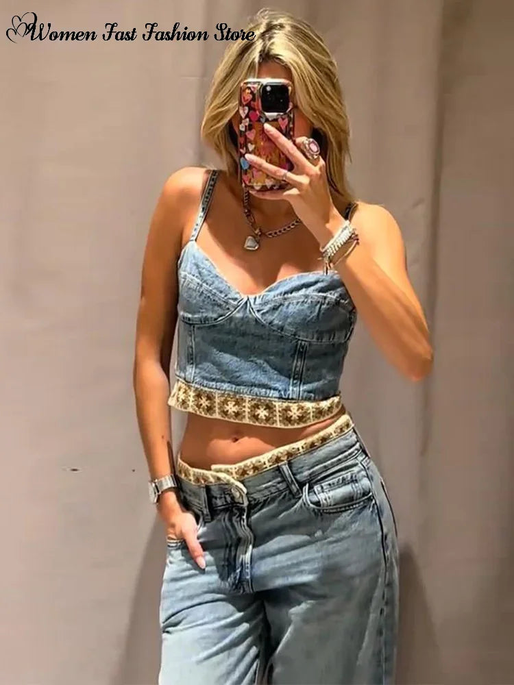 Crochet Splicing Cropped Top Jeans Set 2026 Summer New Ladies Sexy Backless Tank Top Straight Leg Denim Pants Women's Outfits