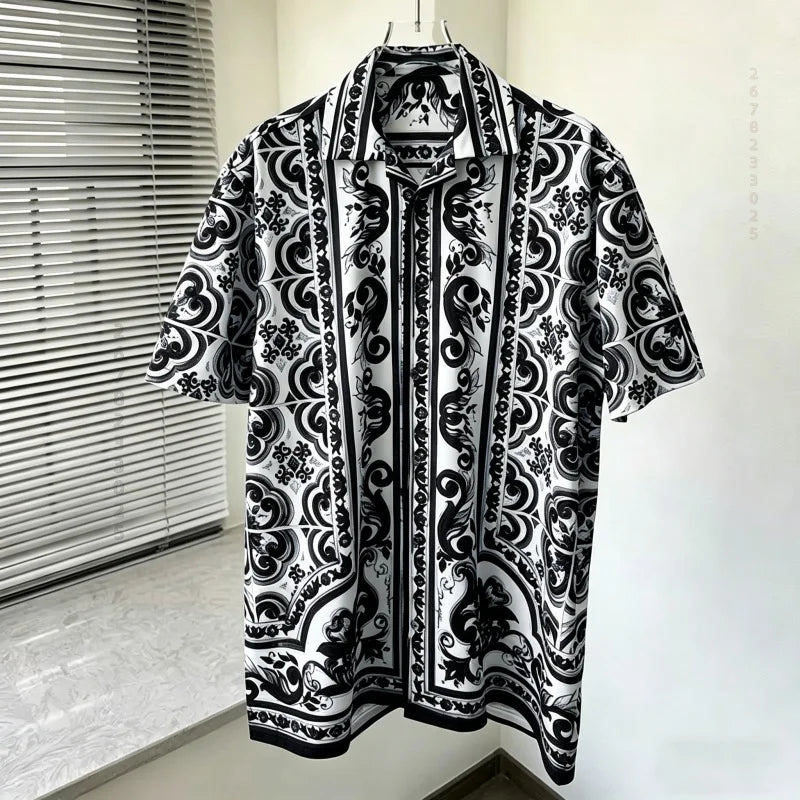 Men's shirts, summer Baroque printed shirts, loose oversized retro short sleeved shirts, vacation style versatile men's tops
