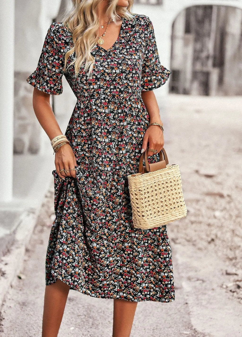 Msfilia Fashion V Neck Elegant Printed Dress Women Summer Short Sleeve High Waist A Line Floral Holiday Dresses