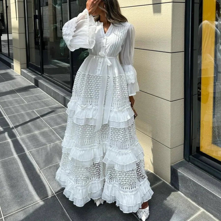 Elegant Hollow Out Lace Dress V-neck Vintage Flare Long Sleeves Chic Bandage A-line Long Dresses French High Street Clothing