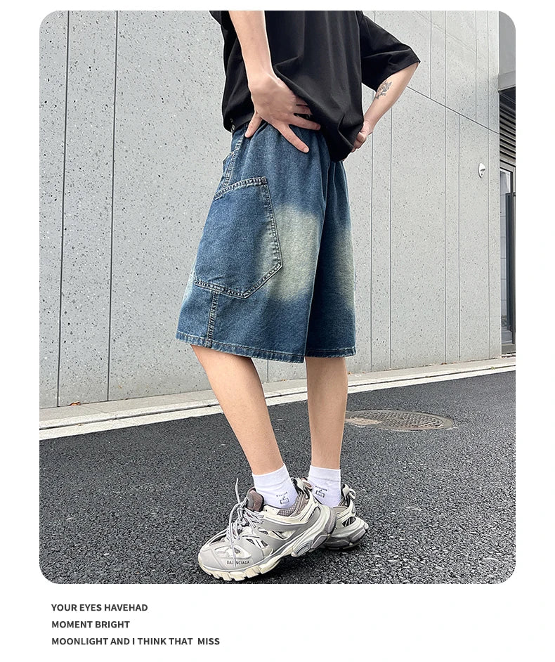 2026 Summer New Baggy Denim Shorts Fashion Casual Straight Harajuku Jeans Male Vintage Wash Drawstring Short Pants Streetwear