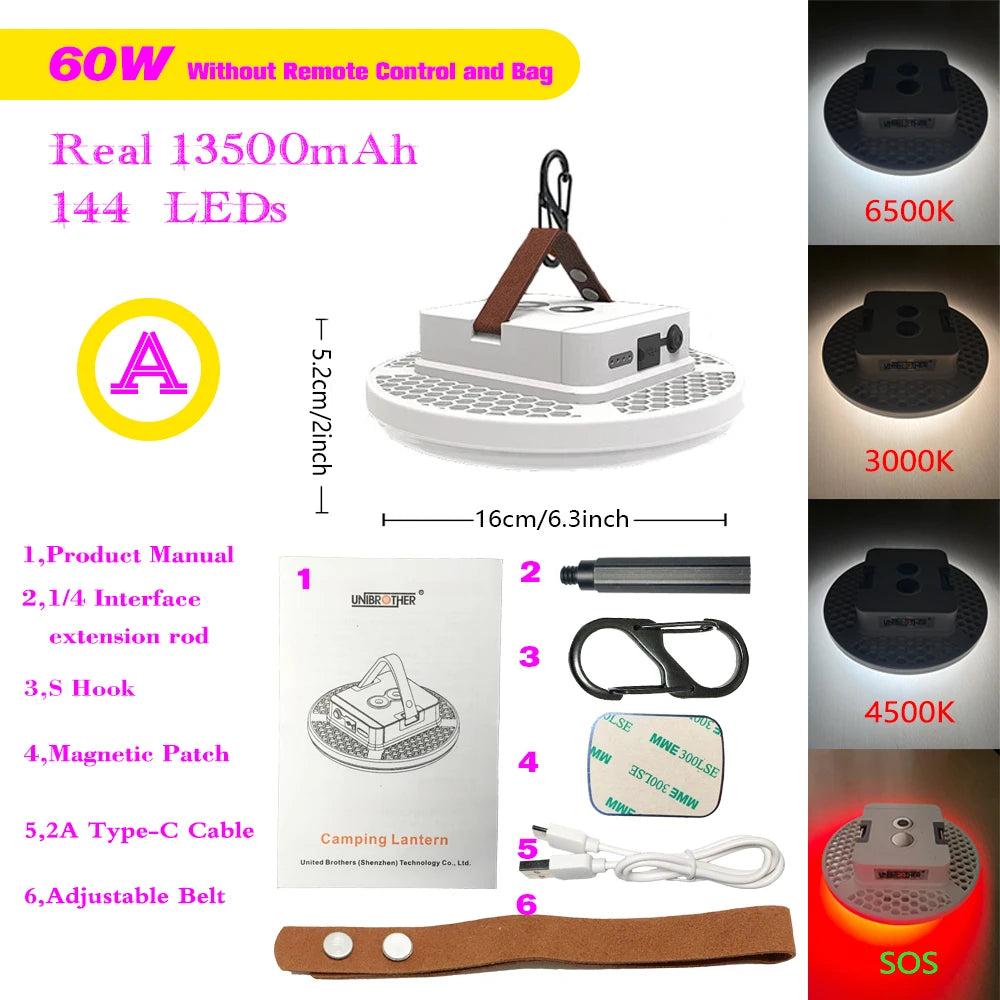 13500mAh Camping Lantern Portable Lantern Rechargeable Magnet Powerful Fashlight Fishing Tent Lamp Outdoor Work Repair Light