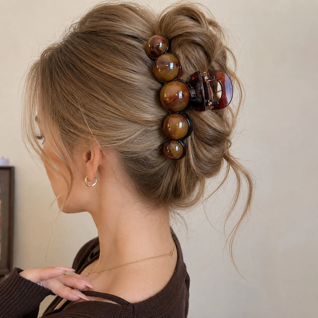 Vintage Beaded Hair Claw Clip Bubble Ball Gradient for Women Elegant Brown 11CM Large Acrylic Hair Claws French Hair Accessories