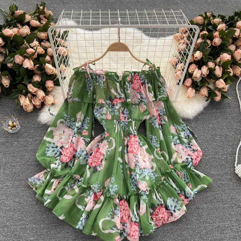 2025 New Retro Summer Beach Vacation Dress Women Sexy Strapless Lantern Sleeve Sweet Floral Jumpsuit Short Chiffon Print Dresses
