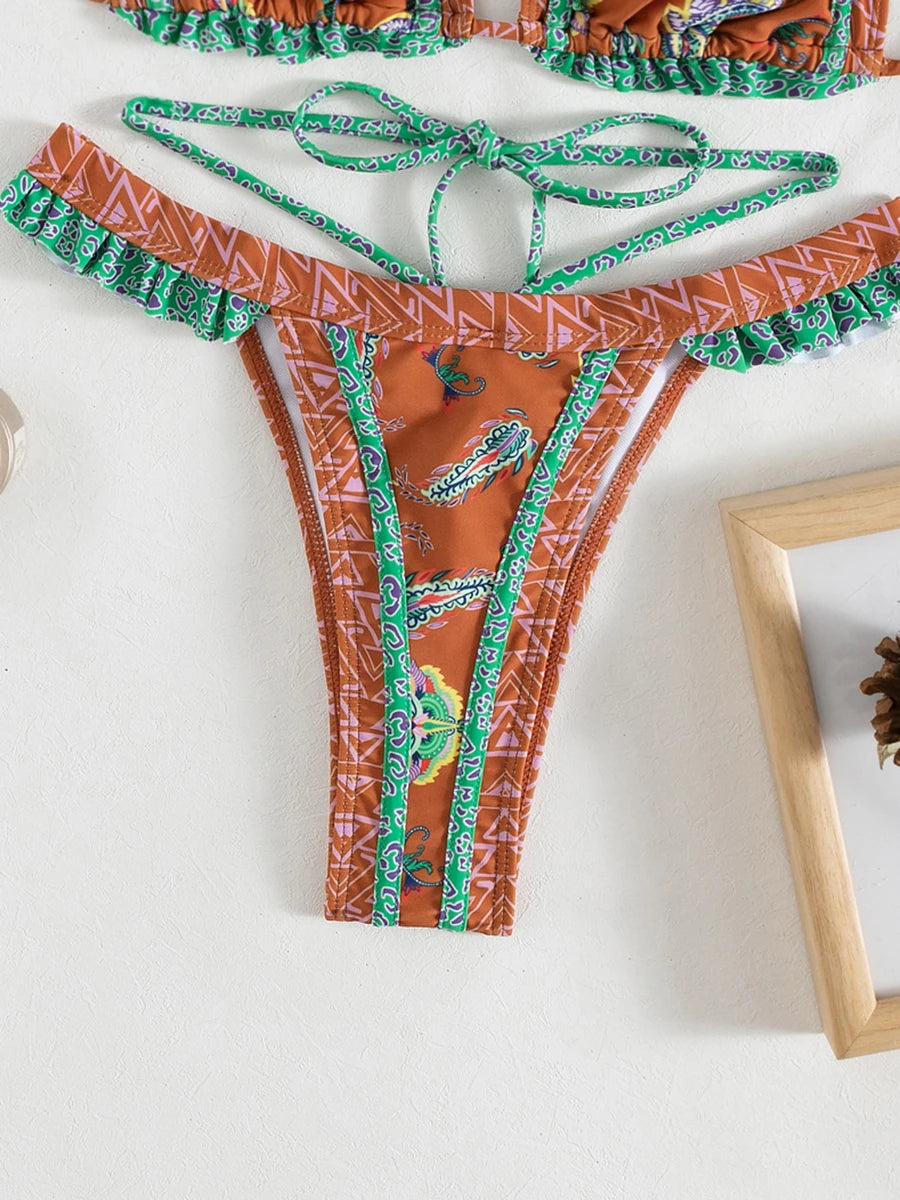 Print Bikinis Bordered Bikini Set Mciro Halter Swimwear Women Swimsuit Sexy Beachwear Brazilian Biquini Triangle Bathing Suits