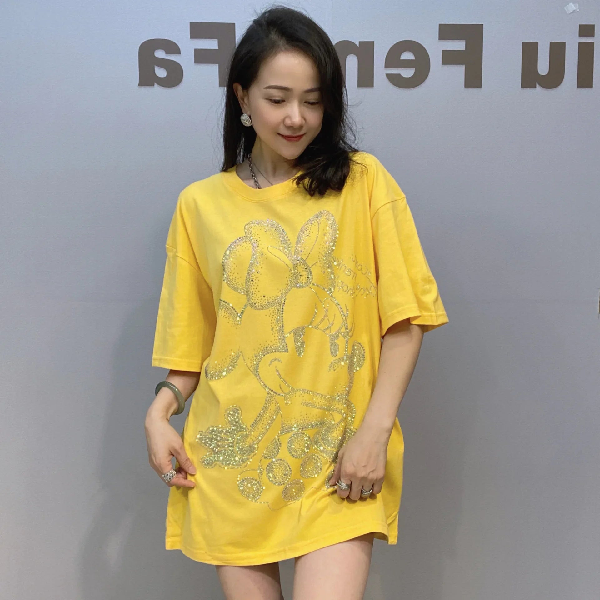 Loose Oversized T Shirt Women Rhinestones Cartoon Pattern Short Sleeve O Neck Pullovers Tops Tee Female Женская Одежда Plus Size