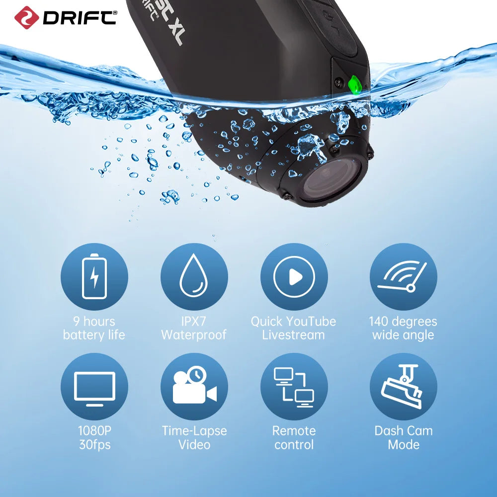 Drift Ghost XL Action Camera 1080P Sport Camera WiFi with Rotating Lens and Dash Cam Mode IPX7 Waterproof Motorcycle Helmet Cam