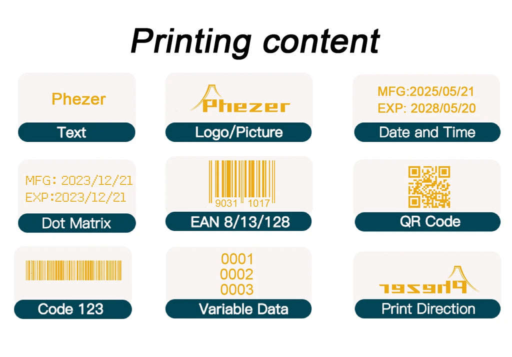 Phezer P17 Handheld Inkjet Printer 12.7mm Portable Date Coder 28 Languages Print Expiry Batch QR Barcode Logo in Yellow Ink